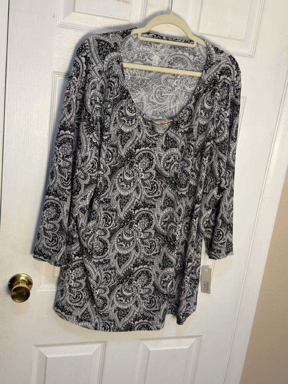Croft & Barrow Women's Black & White Paisley Scoop Neck Top 3X